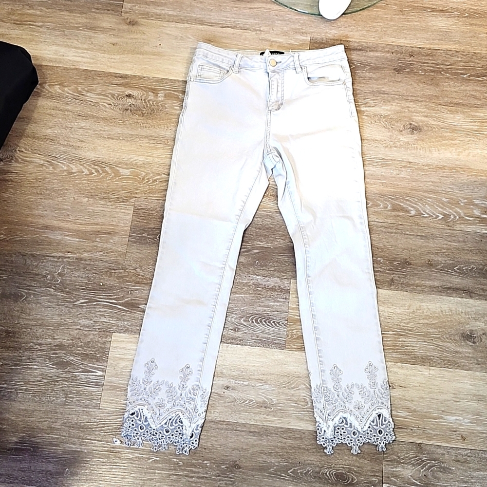 Frank Lyman Light Grey Denim Pant with Lace and Jeweled Ankles